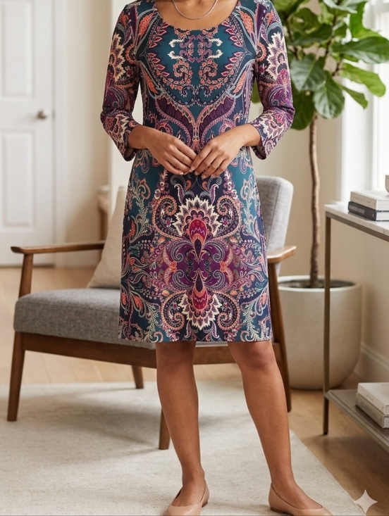 msk petite Dresses & Skirts - MSK Petite Dress PM Paisley Print 3/4 Split Sleeve Knit Shift Stretchy